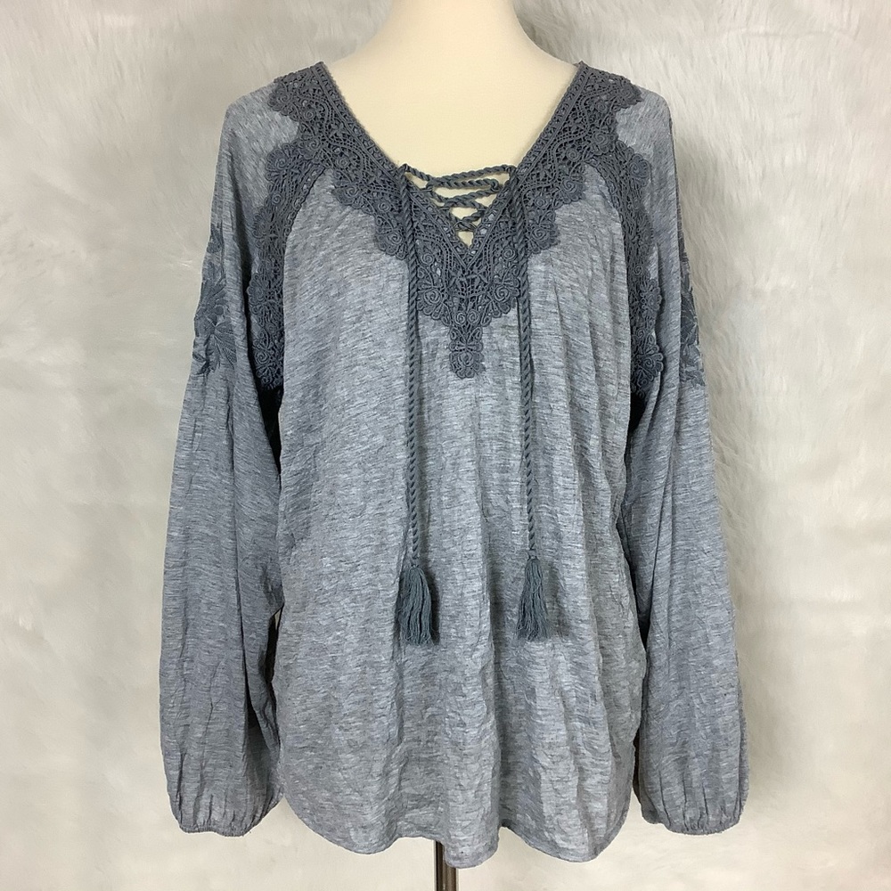 Sundance Steel Gray Lace-Up Crochet Yoke Blouse